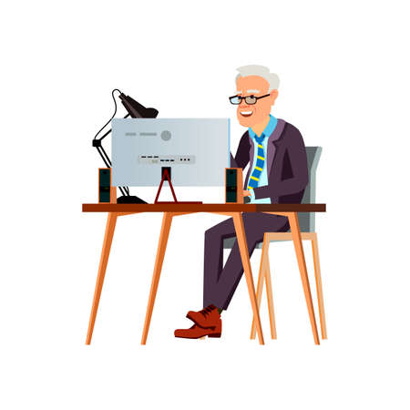 happy mature man reading funny book on computer cartoon vector. happy mature man reading funny book on computer character. isolated flat cartoon illustrationのイラスト素材