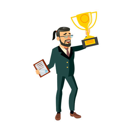 happy man won award and certificate on competition cartoon vector. happy man won award and certificate on competition character. isolated flat cartoon illustrationのイラスト素材