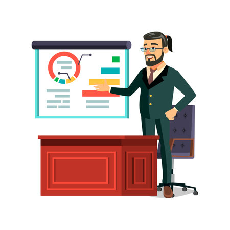 business man reporting in front of investments about company achievement cartoon vector. business man reporting in front of investments about company achievement character. isolated flat cartoon illustrationのイラスト素材