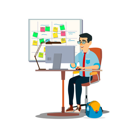 bright manager man preparing computer presentation using board notes cartoon vector. bright manager man preparing computer presentation using board notes character. isolated flat cartoon illustrationのイラスト素材