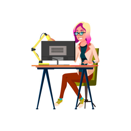 woman programmer developing application cartoon vector. woman programmer developing application character. isolated flat cartoon illustrationのイラスト素材