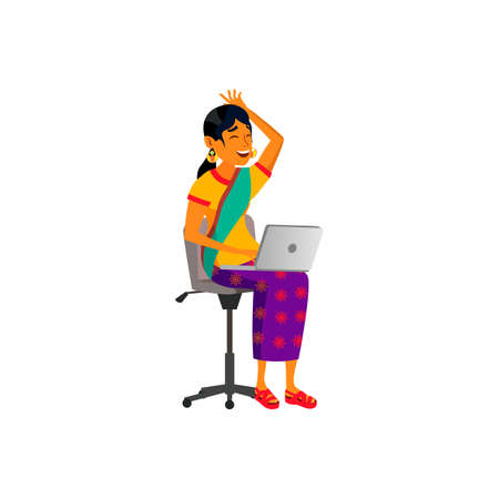 happy indian woman laughing from humor image on laptop cartoon vector. happy indian woman laughing from humor image on laptop character. isolated flat cartoon illustrationのイラスト素材