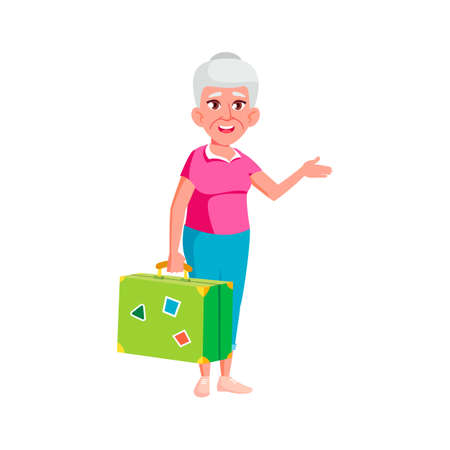 grandmother with baggage case going to cruise cartoon vector. grandmother with baggage case going to cruise character. isolated flat cartoon illustrationのイラスト素材