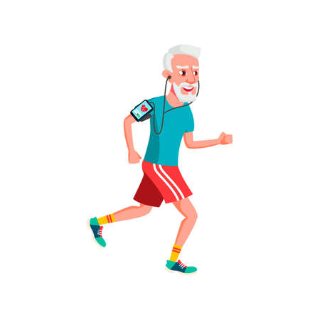 old man running and checking heartbeat with device cartoon vector. old man running and checking heartbeat with device character. isolated flat cartoon illustrationのイラスト素材