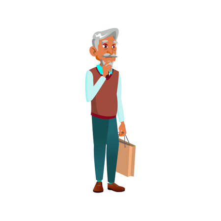 thoughtful aged man with shop bag standing in line cartoon vector. thoughtful aged man with shop bag standing in line character. isolated flat cartoon illustrationのイラスト素材