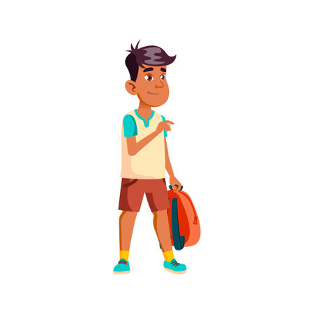 smiling boy walking to school with backpack cartoon vector. smiling boy walking to school with backpack character. isolated flat cartoon illustrationのイラスト素材