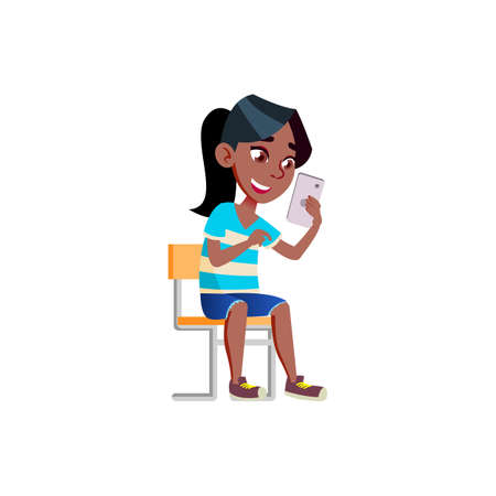 happy girl child watching video clip on phone device cartoon vector. happy girl child watching video clip on phone device character. isolated flat cartoon illustrationのイラスト素材