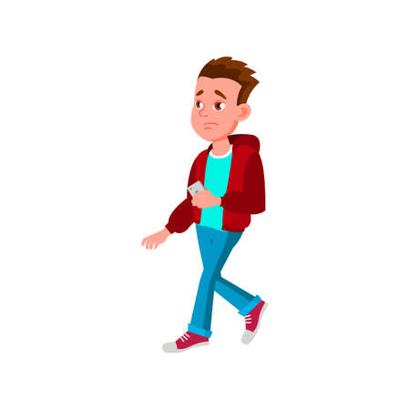 sad caucasian boy walk with cellphone on meeting cartoon vector. sad caucasian boy walk with cellphone on meeting character. isolated flat cartoon illustrationのイラスト素材