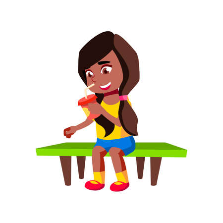 little girl drinking sweet beverage on park bench cartoon vector. little girl drinking sweet beverage on park bench character. isolated flat cartoon illustrationのイラスト素材