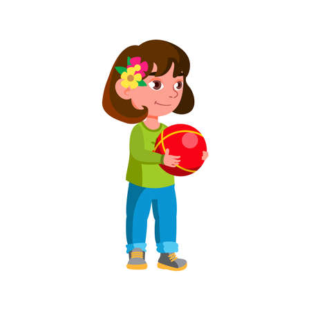small girl kid playing with ball on kindergarten playground cartoon vector. small girl kid playing with ball on kindergarten playground character. isolated flat cartoon illustrationのイラスト素材