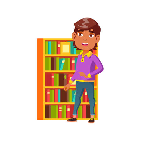 preteen hispanic boy staying near home library shelves with books cartoon vector. preteen hispanic boy staying near home library shelves with books character. isolated flat cartoon illustrationのイラスト素材