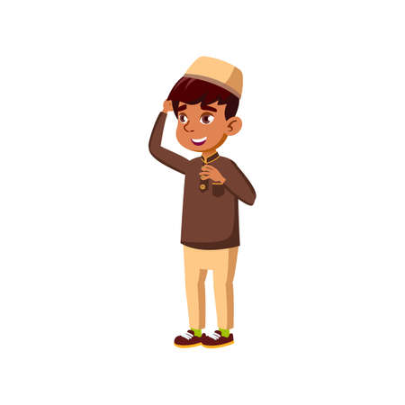 smiling islamic boy thinking how to solve funny exercise at school cartoon vector. smiling islamic boy thinking how to solve funny exercise at school character. isolated flat cartoon illustrationのイラスト素材