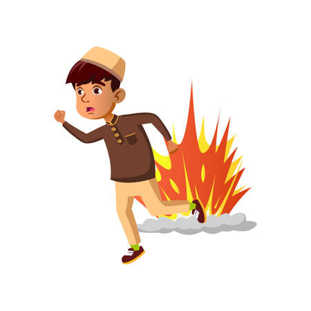 scary little boy run away from bomb explosion cartoon vector. scary little boy run away from bomb explosion character. isolated flat cartoon illustrationのイラスト素材