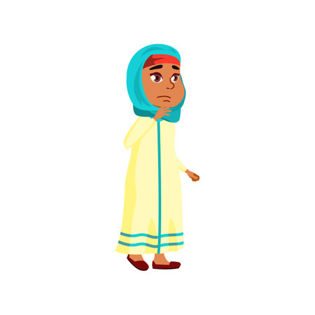 sad muslim girl kid dreaming about new doll in toy store cartoon vector. sad muslim girl kid dreaming about new doll in toy store character. isolated flat cartoon illustrationのイラスト素材