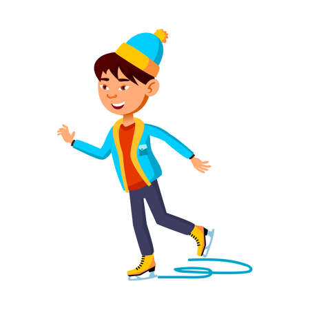 happy preteen boy riding skates on ice rink cartoon vector. happy preteen boy riding skates on ice rink character. isolated flat cartoon illustrationのイラスト素材