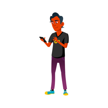 smiling guy check message on smartphone cartoon vector. smiling guy check message on smartphone...