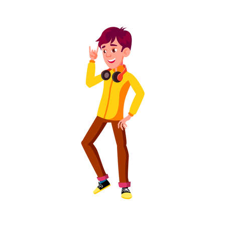 positive emotion boy with headphones relaxing on music concert cartoon vector. positive emotion boy with headphones relaxing on music concert character. isolated flat cartoon illustrationのイラスト素材