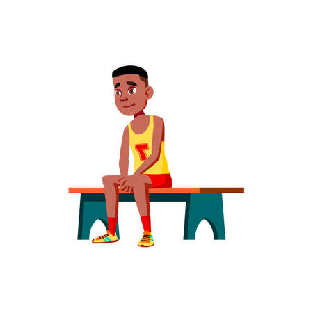 young boy basketball player sitting on bench cartoon vector. young boy basketball player sitting on bench character. isolated flat cartoon illustrationのイラスト素材