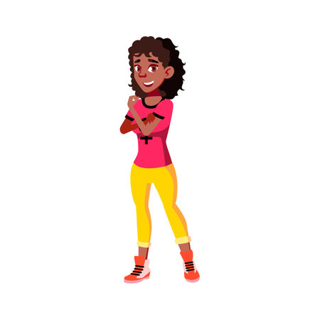 happy girl gesturing sign on feminism meeting cartoon vector. happy girl gesturing sign on feminism meeting character. isolated flat cartoon illustrationのイラスト素材