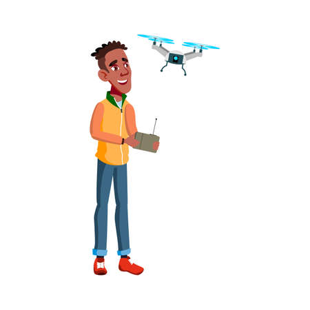 african boy controlling drone fly with remote control in park cartoon vector. african boy controlling drone fly with remote control in park character. isolated flat cartoon illustrationのイラスト素材