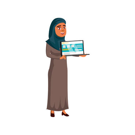 islam woman presenting web site on laptop monitor cartoon vector. islam woman presenting web site on laptop monitor character. isolated flat cartoon illustrationのイラスト素材