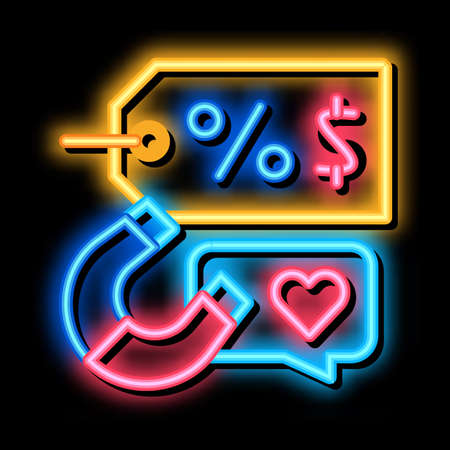 product price discount neon light sign vector. Glowing bright icon product price discount sign. transparent symbol illustrationのイラスト素材