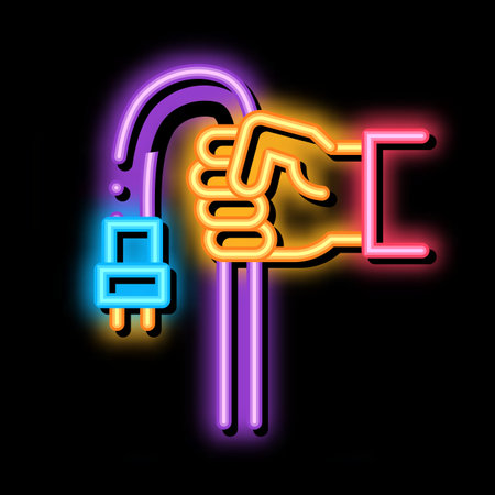 hand holding cable neon light sign vector. Glowing bright icon hand holding cable sign. transparent symbol illustrationのイラスト素材