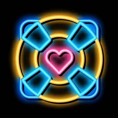 lifebuoy with heart neon light sign vector. Glowing bright icon lifebuoy with heart sign. transparent symbol illustrationのイラスト素材