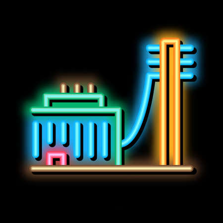 building connected electricity post neon light sign vector. Glowing bright icon building connected electricity post sign. transparent symbol illustrationのイラスト素材