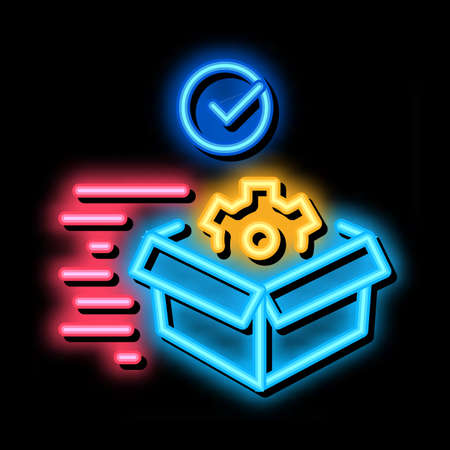 mechanical gear in box, fast delivery neon light sign vector. Glowing bright icon mechanical gear in box, fast delivery sign. transparent symbol illustrationのイラスト素材
