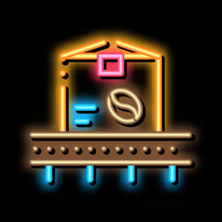 coffee production conveyor neon light sign vector. Glowing bright icon coffee production conveyor sign. transparent symbol illustrationのイラスト素材