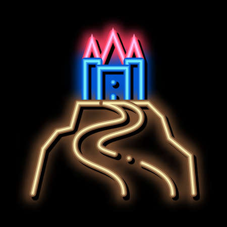 castle on hill neon light sign vector. Glowing bright icon castle on hill sign. transparent symbol illustrationのイラスト素材