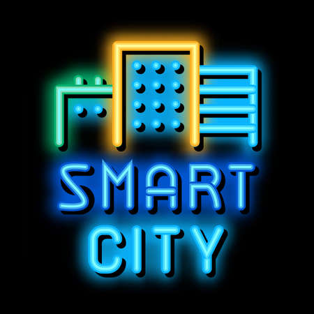 smart city buildings neon light sign vector. Glowing bright icon smart city buildings sign. transparent symbol illustrationのイラスト素材