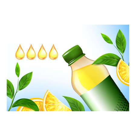 Vitamin Drink Creative Promotional Banner Vector. Sports Drink Blank Bottle, Mint Green Leaves And Orange Citrus On Advertising Poster. Healthy Beverage For Athlete Style Concept Template Illustrationのイラスト素材