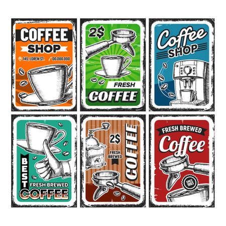 Coffee Shop Creative Advertise Posters Set Vector. Energy Drink Cup And Roasted Beans, Coffee Machine And Filter On Promotional Banners. Cafeteria Concept Template Style Color Illustrationsのイラスト素材