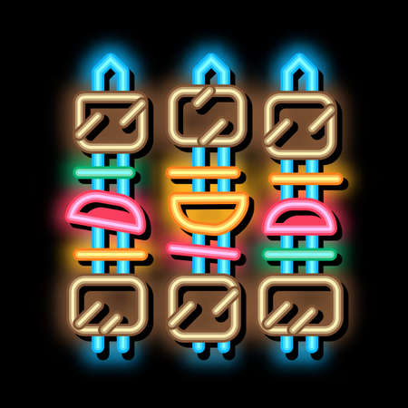 bbq kebab neon light sign vector. Glowing bright icon bbq kebab sign. transparent symbol illustrationのイラスト素材