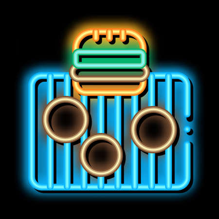 bbq meat for burger neon light sign vector. Glowing bright icon bbq meat for burger sign. transparent symbol illustrationのイラスト素材
