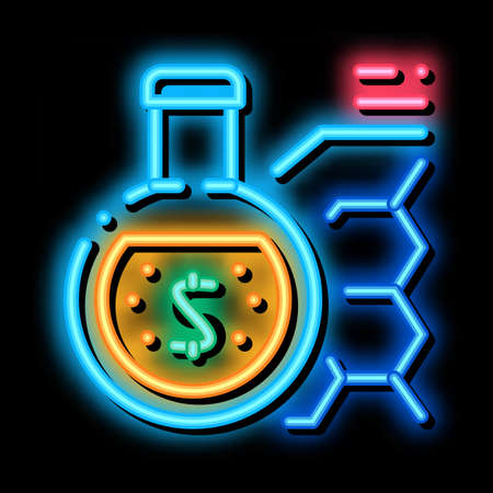 laboratory flask with liquid and banknote neon light sign vector. Glowing bright icon laboratory flask with liquid and banknote sign. transparent symbol illustrationのイラスト素材