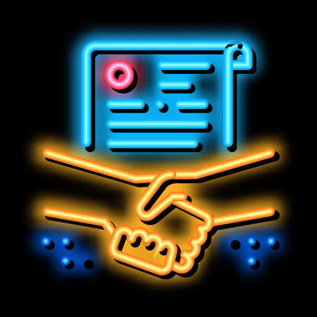 agreement contract handshake neon light sign vector. Glowing bright icon agreement contract handshake sign. transparent symbol illustrationのイラスト素材
