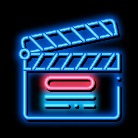 clapper board numbering neon light sign vector. Glowing bright icon clapper board numbering sign. transparent symbol illustrationのイラスト素材