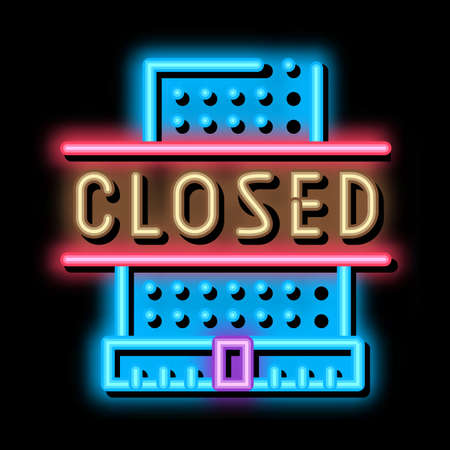 shopping center closing neon light sign vector. Glowing bright icon shopping center closing sign. transparent symbol illustrationのイラスト素材
