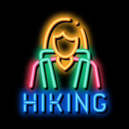 hiking woman neon light sign vector. Glowing bright icon hiking woman sign. transparent symbol illustrationのイラスト素材