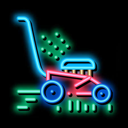 lawn mower machine neon light sign vector. Glowing bright icon lawn mower machine sign. transparent symbol illustrationのイラスト素材