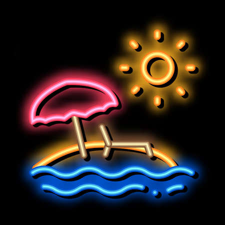 island with palm trees and sun neon light sign vector. Glowing bright icon island with palm trees and sun sign. transparent symbol illustrationのイラスト素材