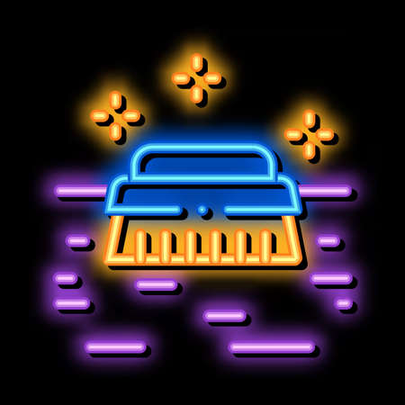 cleaning brush neon light sign vector. Glowing bright icon cleaning brush sign. transparent symbol illustrationのイラスト素材