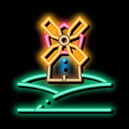 windmill in meadow neon light sign vector. Glowing bright icon windmill in meadow sign. transparent symbol illustrationのイラスト素材