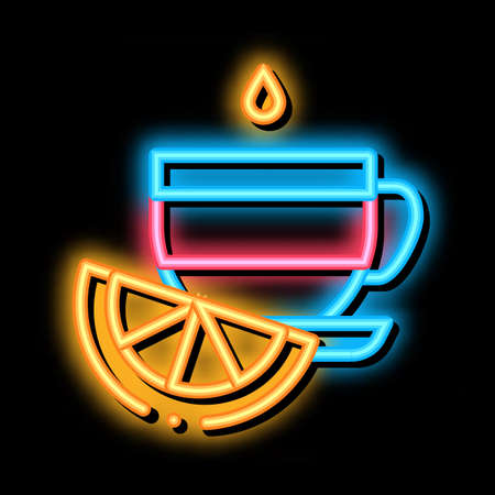 cup of tea with lemon slice neon light sign vector. Glowing bright icon cup of tea with lemon slice sign. transparent symbol illustrationのイラスト素材