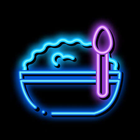 bowl of cottage cheese and spoon neon light sign vector. Glowing bright icon bowl of cottage cheese and spoon sign. transparent symbol illustrationのイラスト素材