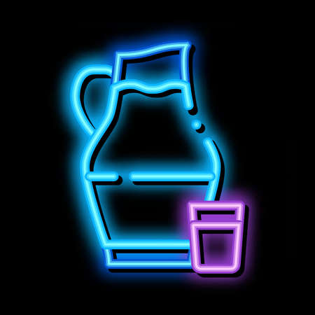 jug with milk and glass neon light sign vector. Glowing bright icon jug with milk and glass sign. transparent symbol illustrationのイラスト素材