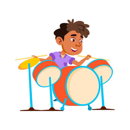 Boy Kid Playing Rock And Roll On Drum Kit Vector. African Child Play On Drum Musician Instrument With Drumstick. Character Player Infant Performing Music Melody Flat Cartoon Illustrationのイラスト素材